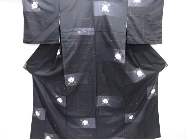 アンティーク　椿模様織り出し手織り紬着物